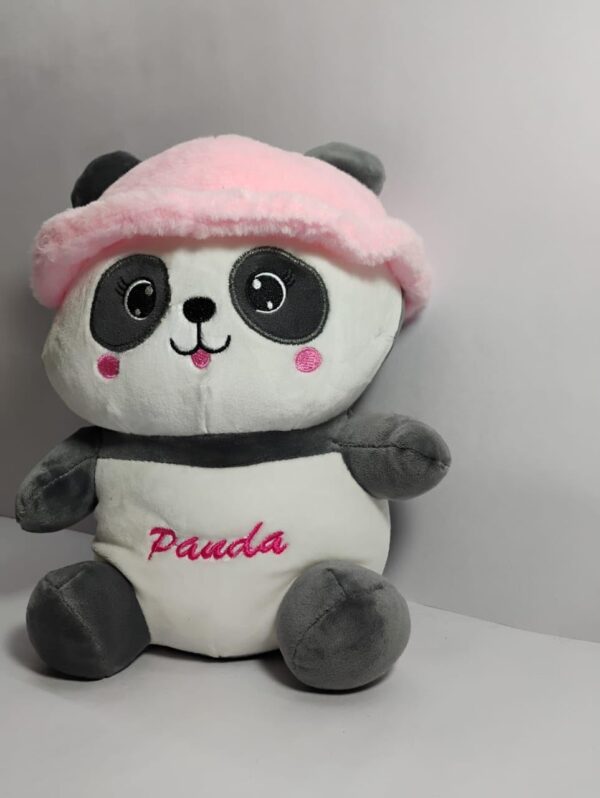 Plush Panda Stuffed Animal with Pink Hat, Soft Cuddly Toy, White and Grey, Embroidered Design