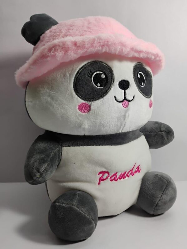 Plush Panda Stuffed Animal with Pink Hat, Soft Cuddly Toy, White and Grey, Embroidered Design