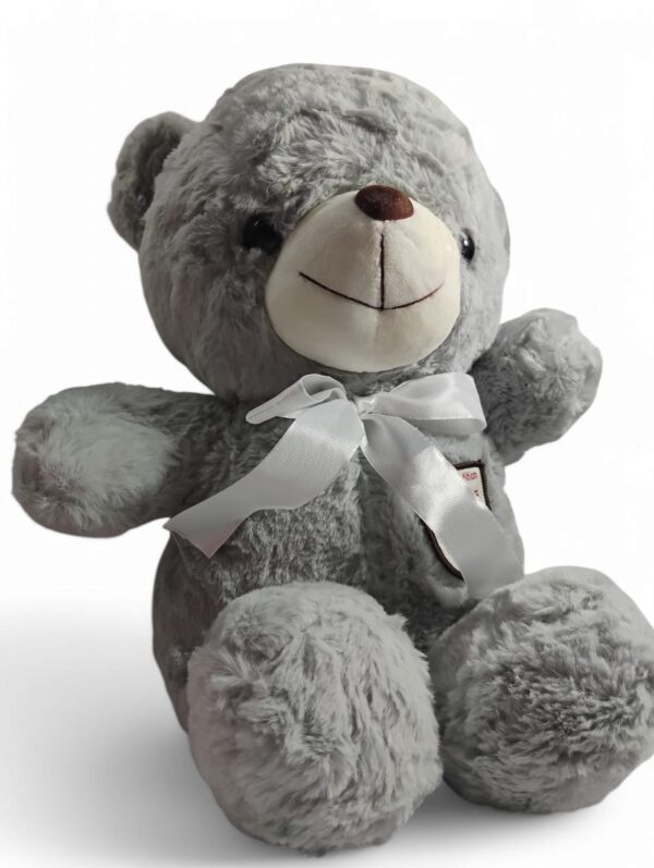 Plush Teddy Bear with White Bow, 40 cm, Soft Grey