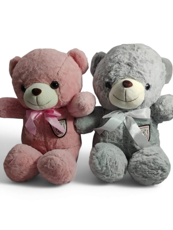 Plush Teddy Bear with White Bow, 40 cm, Soft Grey