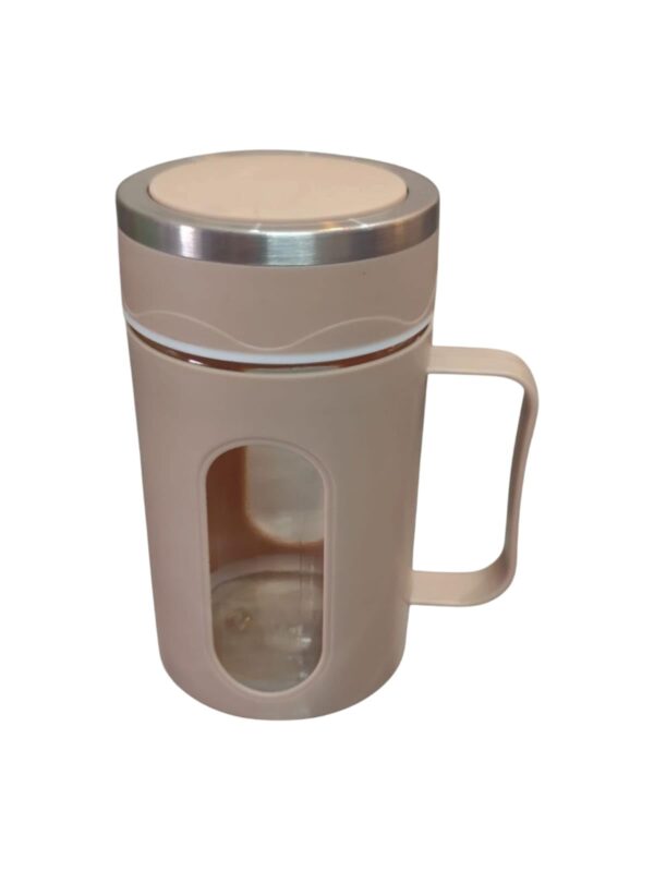 Glass Tea Mug with Stainless Steel Lid, Clear Window Design, Beige, Handle