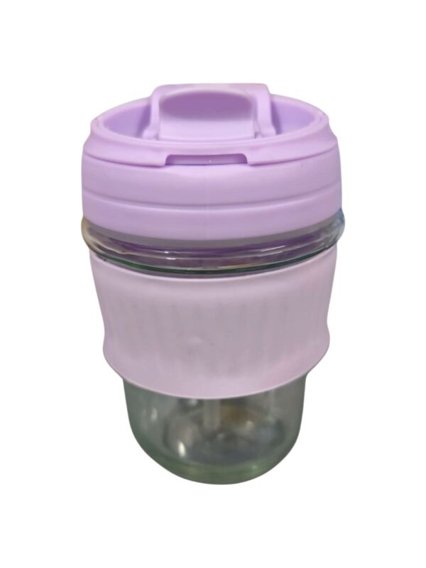 Portable Glass Mason Jar with Purple Silicone Lid and Handle, Reusable Drinking Container