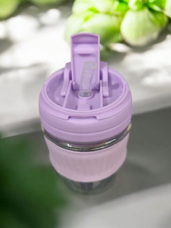 Portable Glass Mason Jar with Purple Silicone Lid and Handle, Reusable Drinking Container